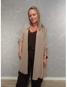 Lys grå lang cardigan i polyester og viskose med opsmøg på ærmer – Italian Select TIPPY