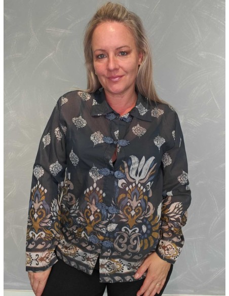 Navy transparent skjorte i viskose med ornamentprint og knudeknapper – Italian Select TIPPY