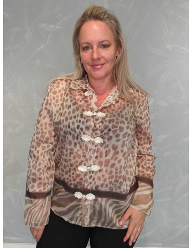 Beige/sand transparent skjorte i viskose med leopardprint og knudeknapper – Italian Select TIPPY