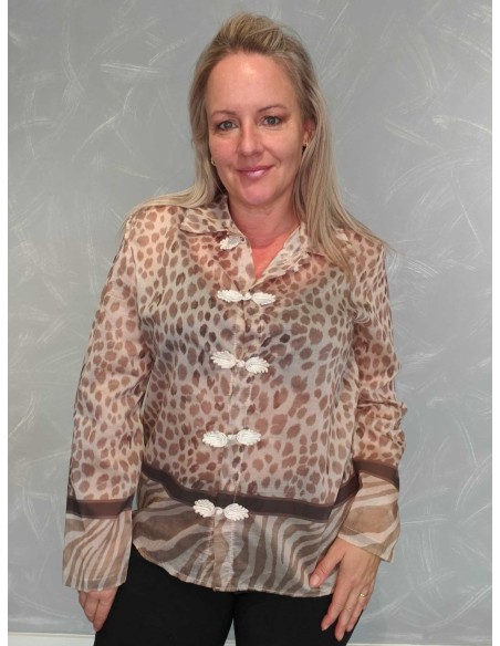 Beige/sand transparent skjorte i viskose med leopardprint og knudeknapper – Italian Select TIPPY