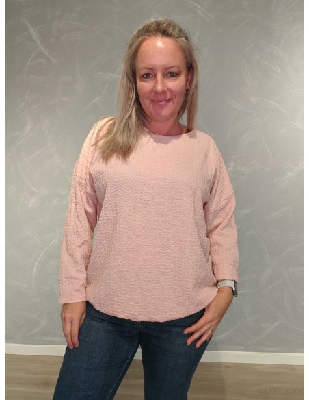 Rosa langærmet bluse i viskose med struktur og elastik – TIPPY Collection