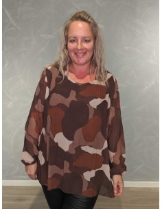 Brun plissébluse i polyester og viskose med abstrakt print – TIPPY Collection