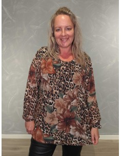 Brun plissébluse i polyester og viskose med leopard- og blomsterprint – TIPPY Collection