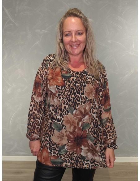 Brun plissébluse i polyester og viskose med leopard- og blomsterprint – TIPPY Collection