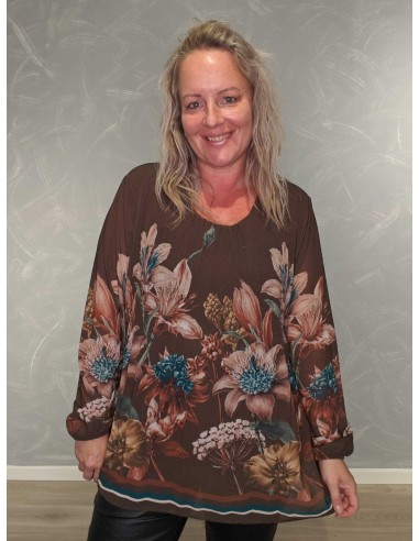 Brun plissébluse i polyester og viskose med blomsterprint – TIPPY Collection