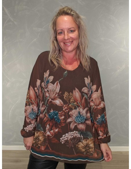Brun plissébluse i polyester og viskose med blomsterprint – TIPPY Collection