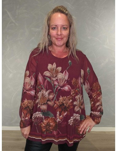 Bordeaux plissébluse i polyester og viskose med blomsterprint – TIPPY Collection