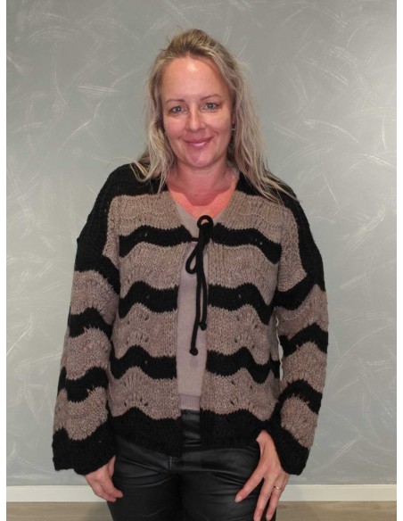 Sort/taupe strikcardigan i akrylblanding med snørelukning – TIPPY Collection