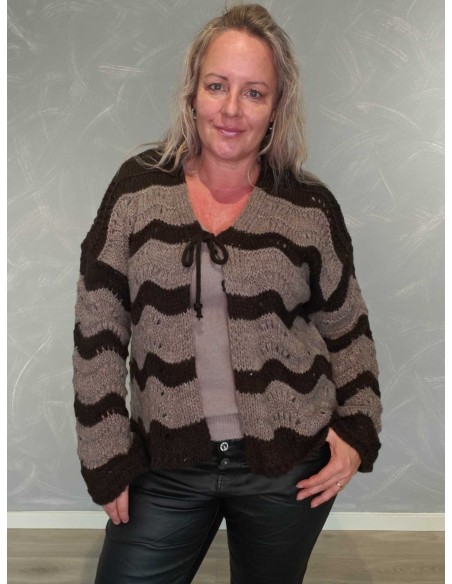Brun/taupe strikcardigan i akrylblanding med snørelukning – TIPPY Collection