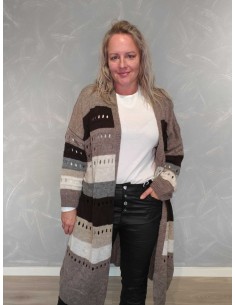 Taupe mix lang strikcardigan i akrylblanding med hulstrik – TIPPY Collection