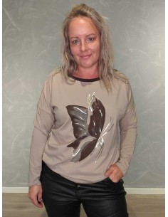 Taupe bluse i bomuld med sommerfuglemotiv – Italian Select TIPPY