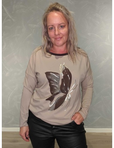 Taupe bluse i bomuld med sommerfuglemotiv – Italian Select TIPPY