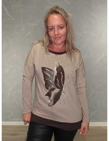 Taupe bluse i bomuld med sommerfuglemotiv – Italian Select TIPPY
