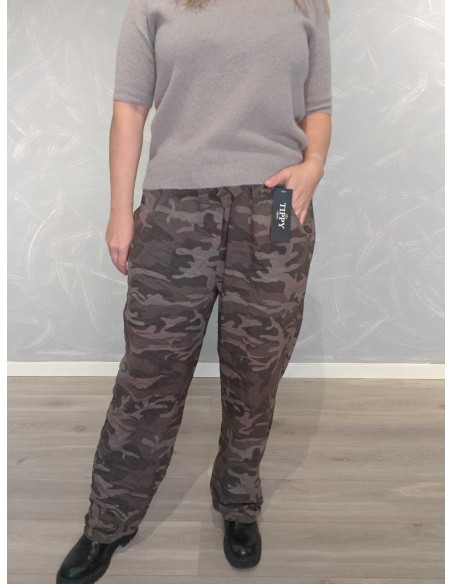 Brune baggy bukser i viskose med camouflageprint og snøre – Italian Select TIPPY