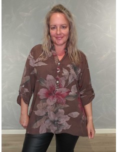 Brun skjortebluse i viskose med stort blomsterprint – TIPPY Collection