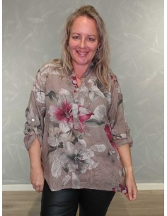 Taupe skjortebluse i viskose med stort blomsterprint – TIPPY Collection