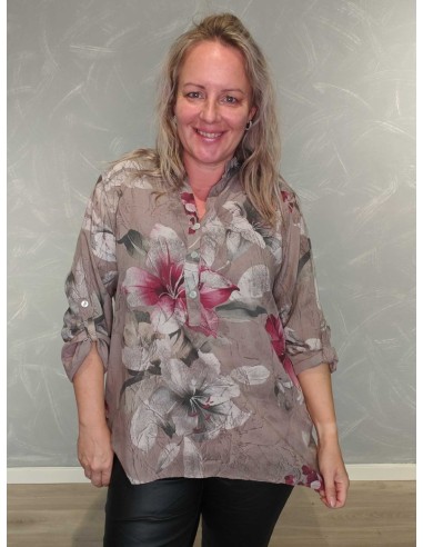 Taupe skjortebluse i viskose med stort blomsterprint – TIPPY Collection