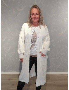 Hvid lang strikcardigan i 100% akryl med lommer – TIPPY Collection