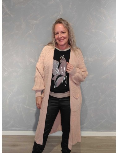 Rosa lang strikcardigan i 100% akryl med lommer – TIPPY Collection