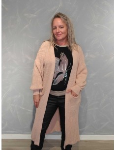 Rosa lang strikcardigan i 100% akryl med lommer – TIPPY Collection