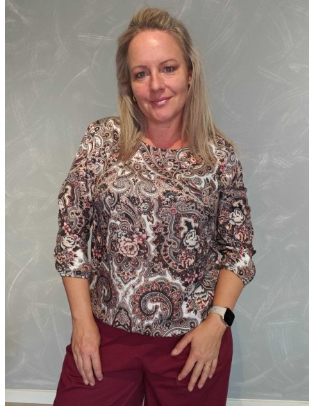 Brun bluse i bomuld med paisleyprint og elastikbund – Italian Select TIPPY