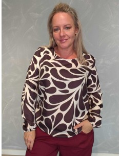 Brun bluse i bomuld med abstrakt print og elastikbund – Italian Select TIPPY