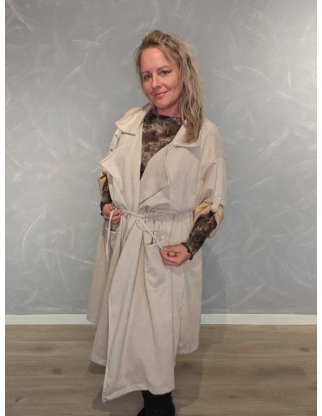 Sand lang cardiganjakke i polyester og elastan med taljebånd – TIPPY Italian Select