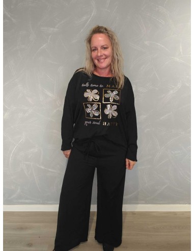 Sort sæt i polyester og elastan med blomstermotiv og similisten – TIPPY Collection