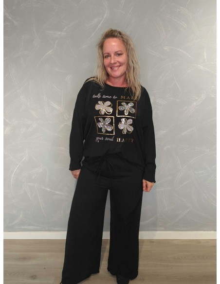 Sort sæt i polyester og elastan med blomstermotiv og similisten – TIPPY Collection