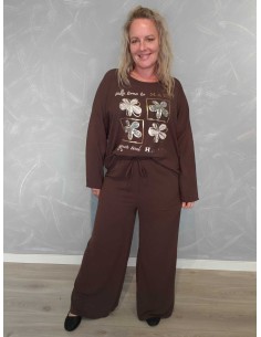 Brunt sæt i polyester og elastan med blomstermotiv og similisten – TIPPY Collection