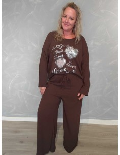 Brunt sæt i polyester og elastan med hjertemotiv og similisten – TIPPY Collection