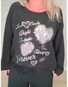 Sort sæt i polyester og elastan med hjertemotiv og similisten – TIPPY Collection 2