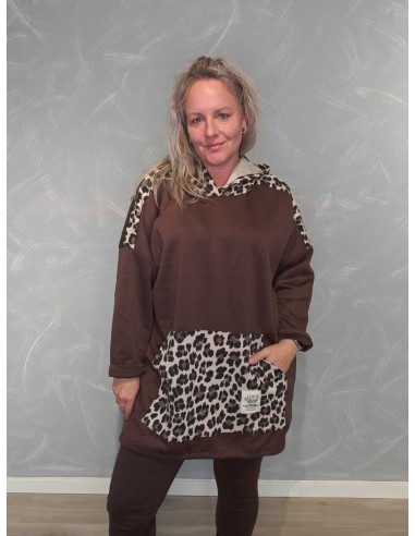 Brun tunika i viskosemix med leopardprint og kængurulomme – TIPPY Collection