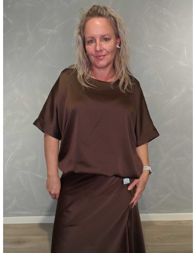Brun satinbluse i polyester med brede ærmer – TIPPY Italian Select