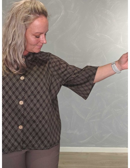 Vide 3/4-ærmer på brun melange ternet cardigan – DESIGN by TIPPY