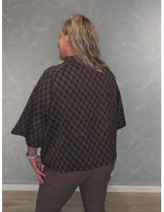 Brun melange cardigan i 80% polyester og 20% viskose med tern, vide 3/4-ærmer og knapper – DESIGN by TIPPY 2