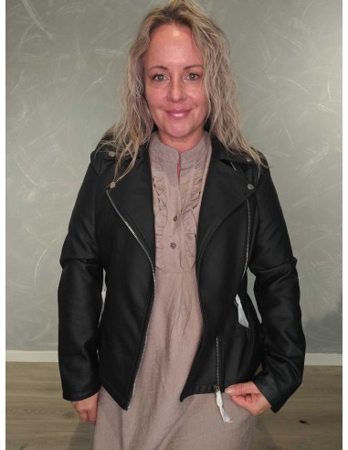 Sort jakke i polyester med imiteret læderlook, skrå lynlås og revers – TIPPY Italian Select