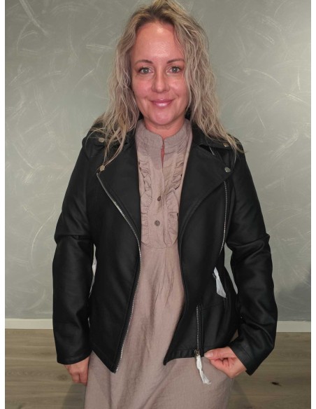 Sort jakke i polyester med imiteret læderlook, skrå lynlås og revers – TIPPY Italian Select