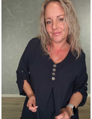 V-hals med knapper på navy lang bluse – TIPPY