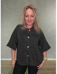 Grå melange cardigan i polyester og viskose med tern og vide 3/4-ærmer – DESIGN by TIPPY