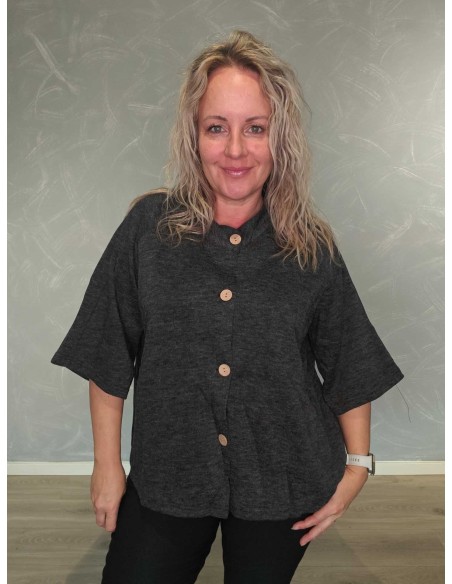 Grå melange cardigan i polyester og viskose med tern og vide 3/4-ærmer – DESIGN by TIPPY
