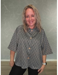 Grå ternet cardigan i polyester og viskose med vide 3/4-ærmer – DESIGN by TIPPY