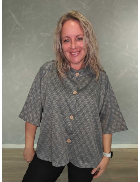 Grå ternet cardigan i polyester og viskose med vide 3/4-ærmer – DESIGN by TIPPY