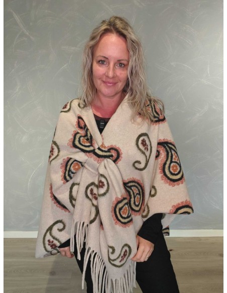 Beige poncho med grafisk print, knudedetalje og frynser – TIPPY Italian Select