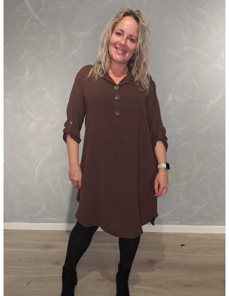 Brun skjortetunika i viskose og polyester med store knapper – TIPPY Collection