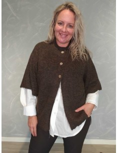 Mørk brun strikcardigan i uld, polyester, nylon og spandex med korte ærmer og knapper øverst – DESIGN by TIPPY