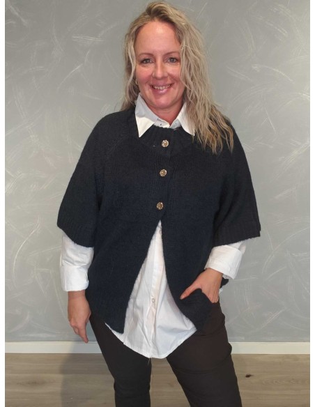 Navy strikcardigan i uld, polyester, nylon og spandex med korte ærmer og knapper øverst – DESIGN by TIPPY