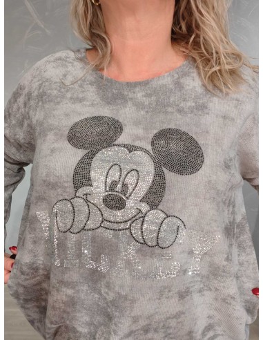 Glitrende Mickey-motiv på lys grå fløjlstrøje – TIPPY