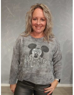 Lys grå fløjlstrøje i viskose med Mickey-motiv – TIPPY Collection