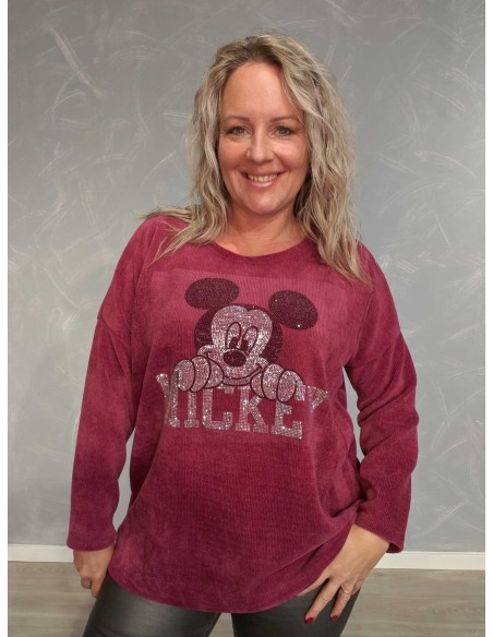 Bordeaux fløjlstrøje i viskose med Mickey-motiv – TIPPY Collection